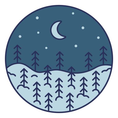 Ay ve çam ağaçlarıyla kış manzarası vektör illüstrasyon grafik tasarımı