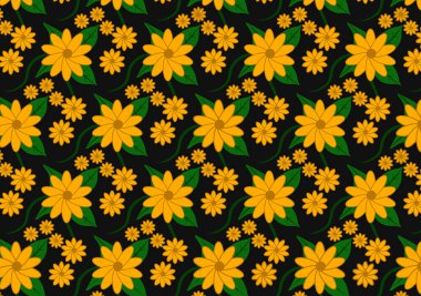 Renksiz sarı çiçek desenli duvar kâğıdı siyah bir arkaplan tasarımında