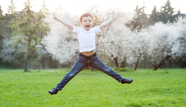 Menino, primavera, amor, flor, brinquedo, prazer, crianças, moda, criança, salto — Fotografia de Stock