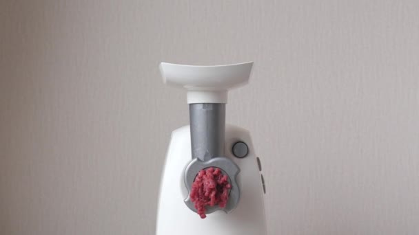 人体的一部分人的手把一些鲜红色的肉放在一个电动的肉磨机里做切碎的肉 没有防腐剂的概念 健康和环保产品 — 图库视频影像
