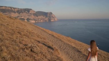 İki komik küçük chihuahua hayvan köpeği sahibini takip ediyor. Güzel kız yaz tatili tatili gezisi sırasında dağlarda deniz kıyısında yürüyor.