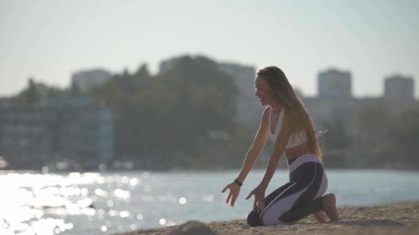 Lydnad hund härstamning koncept ung sport aktiv kvinna leker med lite chihuahua husdjur kör hund på havet stad sommar strand under träning fritid aktivitet — Stockvideo