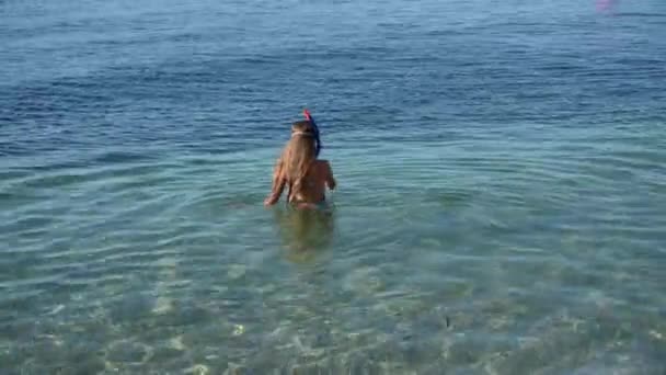 Aktives Mädchen in Taucherbrille und Taucherbrille beim Schnorcheln im sauberen Wasser des blauen Meeres während der sommerlichen Freizeitaktivität — Stockvideo