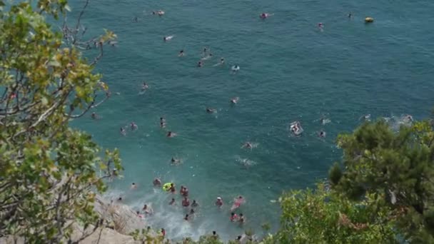 Många människor turister som simmar i blå grön aqua havsvatten nära stranden under sommaren semester fritid aktivitet — Stockvideo