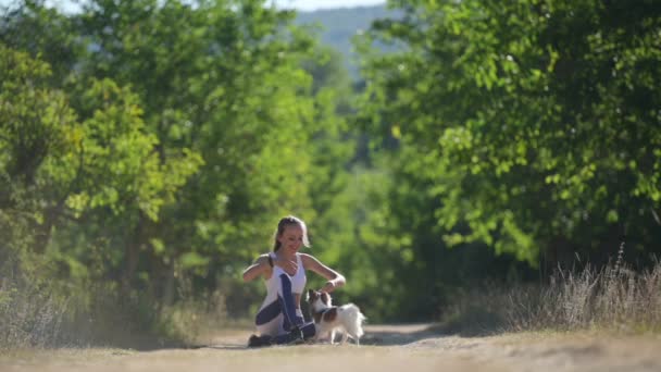 幸せな若い女性の所有者遊びとともに彼女の小さなペットchihuahua犬で緑の屋外公園でレジャー活動中 — ストック動画