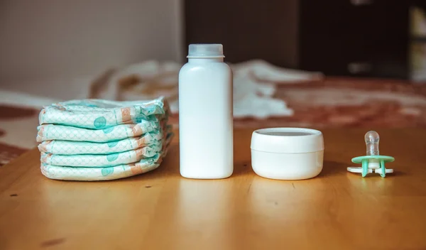 Set of accessories for baby disposable diapers — Stock Photo, Image