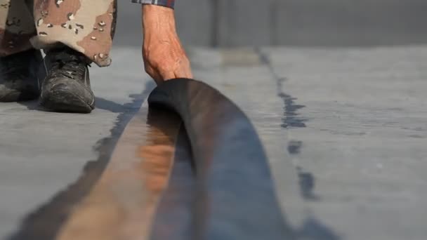 The Builder conceals the roof EPDM membrane. PVC-P AND TPO FPO — Stock Video