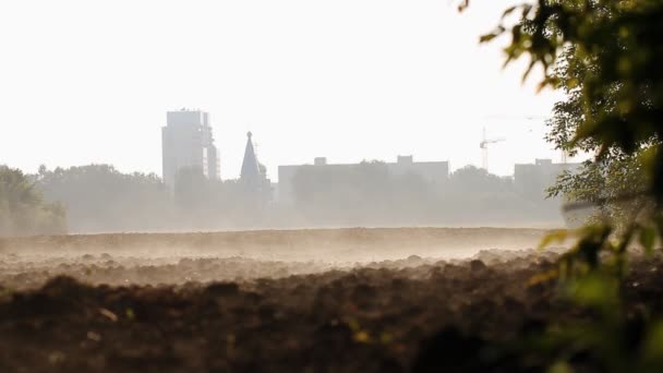 Fältet plöjt. Morgon vapor över land.agriculture — Stockvideo