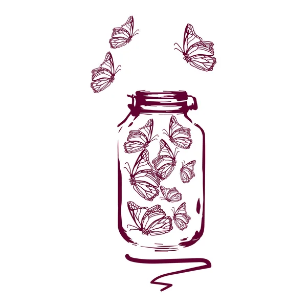 Kelebekler şeffaf bir kap içinde. Kroki tarzı.