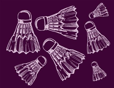 Kroki tarzı shuttlecocks. Badminton shuttlecocks satırı simgesi, renkli arka plan üzerinde ince dağılımı.