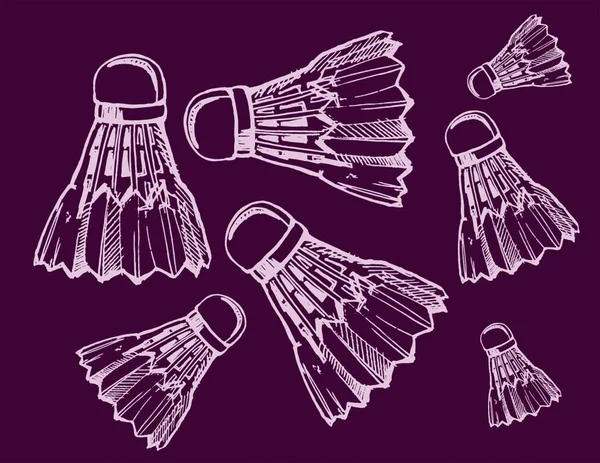 Kroki tarzı shuttlecocks. Badminton shuttlecocks satırı simgesi, renkli arka plan üzerinde ince dağılımı. — Stok Vektör
