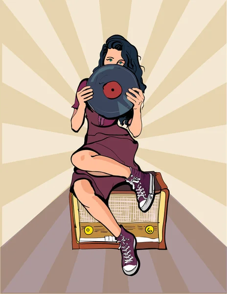 elinde disk ile radyo oturan kız