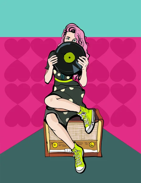 elinde disk ile radyo oturan kız