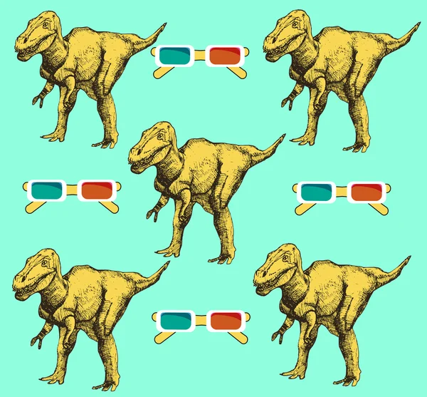 Kroki dinozor ve vintage tarzı, vektör seamless modeli 3d gözlük