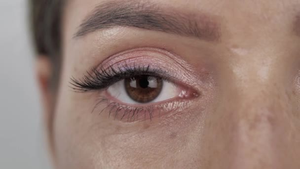 Extremo primer plano de un ojo marrón de una chica 4k — Vídeos de Stock