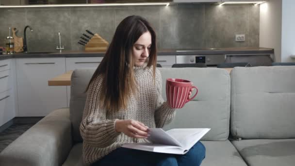 Gri kazaklı genç kadın elinde kırmızı çay ya da kahve fincanı tutuyor ve kitap okuyor. Sıcak içecekle elleri ısıtmaya çalışan bir kadın. Evini koru. Tatil ya da hafta sonu konsepti. — Stok video