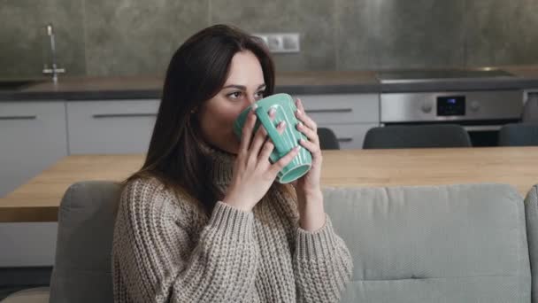 Κοντινό πλάνο της ελκυστικής Millennial γυναίκα κάθεται του καναπέ κοιτάζοντας μακριά και πίνοντας καφέ ή τσάι στο σπίτι. Η γυναίκα απολαμβάνει το άρωμα και τη γεύση του φρεσκοψημένου ποτού — Αρχείο Βίντεο