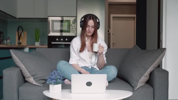 Mujer joven sentada en el sofá usando el ordenador portátil y se concentra en el trabajo — Vídeos de Stock