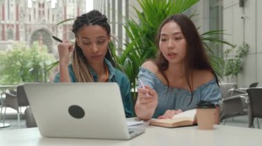 Karizmatik öğrenci y ve iş arkadaşı uzun saçlı bayan üniversiteden sonra kafede yan yana oturarak ders çalışıyorlar. Afro-Amerikan ve Asyalı kızlar dizüstü bilgisayara bakıp bir deftere yazıyorlar.