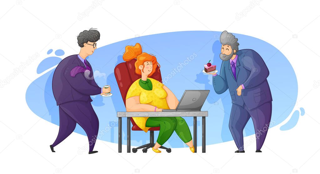 Caring for a colleague at work. Congratulations on your birthday at work. Cartoon contour illustration in vector.