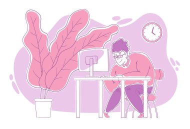 Nazik, tatlı, neşeli bir adam ofisteki bilgisayarın başında çok çalışıyor. Ofiste çalış, son teslim tarihi. Çizgi film biçimi, bir vektörde çizim.