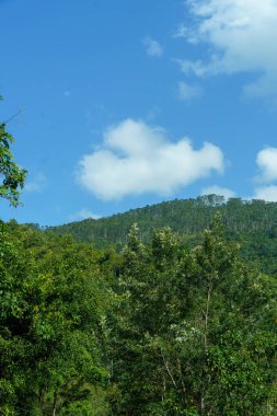 Açık mavi gökyüzü ve birkaç bulutu olan bir dağ sırası. Bulutlar dağıldı.