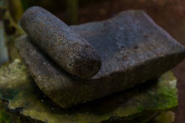 Taş havan topu bir kayanın üzerinde duruyor. Havan taştan yapılmış ve ahşap bir sapı var.