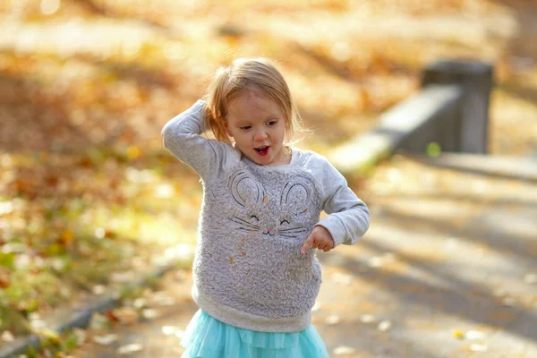 Adorabile Bambina Che Balla Nel Parco Una Bella Giornata Autunnale — Foto Stock