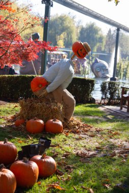 Avrupa Parkı, Rust, Almanya - 10.31.2012: Eğlence parkında cadılar bayramı - balkabağı kafalı kocaman doldurulmuş bir adam samanlıkta oturuyor