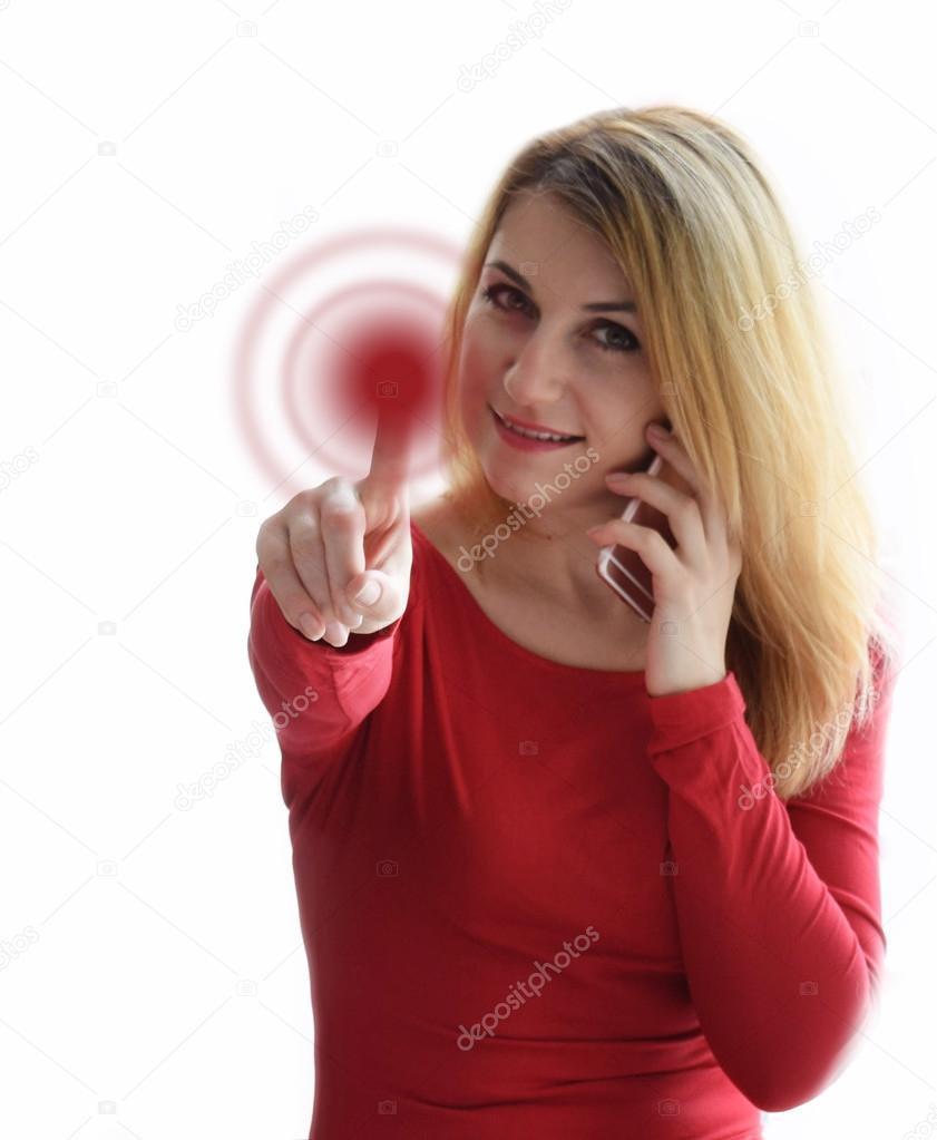 girl in red dress talking on the phone and presses the button