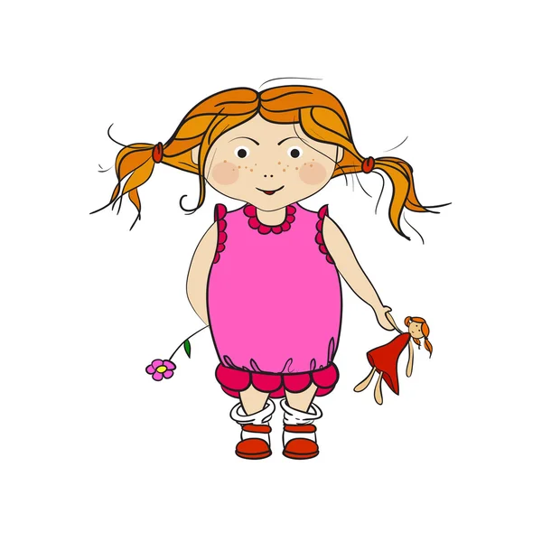 Ilustración de una niña pequeña, una niña. Chica en vestido sonriendo, h — Archivo Imágenes Vectoriales