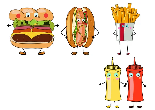 Comida para llevar para llevar colorida, una hamburguesa con queso, hot dog, francés — Vector de stock