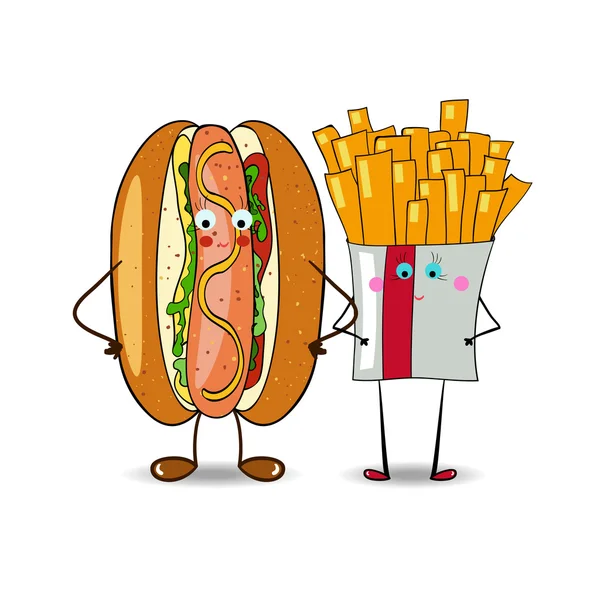 French fries with Hot Dog  illustration for fastfood places. Vec — Stock Vector