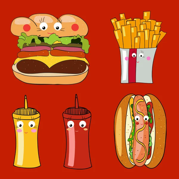Renkli paket servisi olan restoran karikatür gıda, çizburger, sosisli sandviç, Fransızca — Stok Vektör