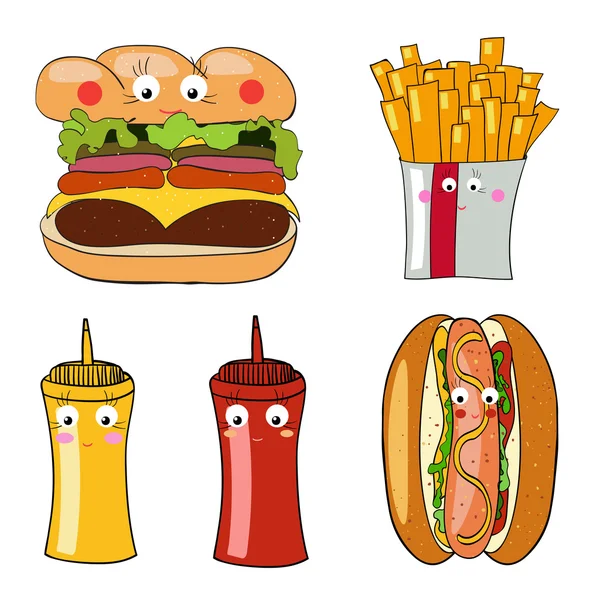 Comida para llevar para llevar colorida, una hamburguesa con queso, hot dog, francés — Vector de stock