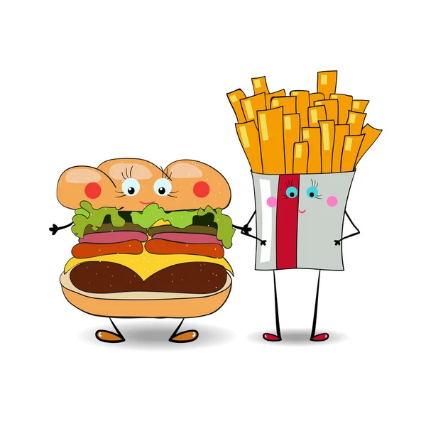 Pommes frites med hamburgare, (burger, ostburgare) illustration — Stock vektor