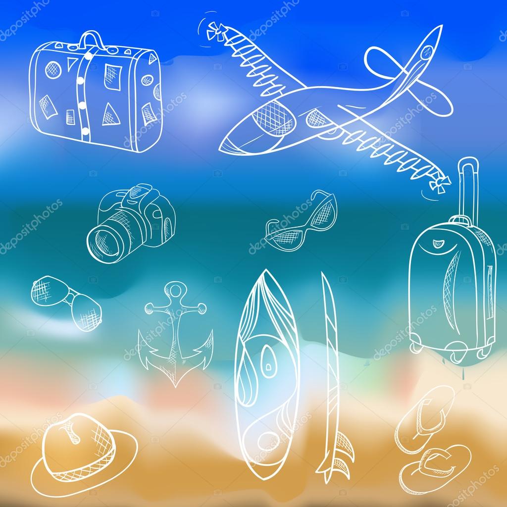 Vector hand-drawn icons, vacation summer, background seascape.