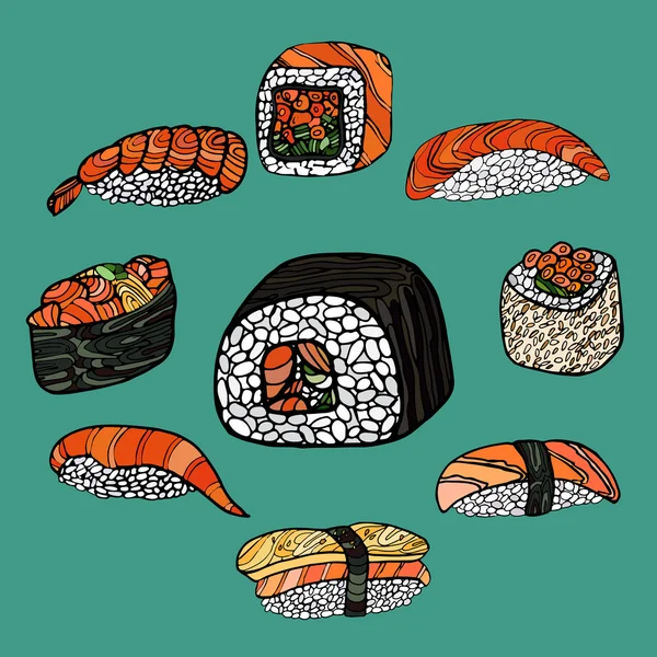 Uppsättning av sushi rullar. Japansk mat. Hand dras vektor illustratio — Stock vektor