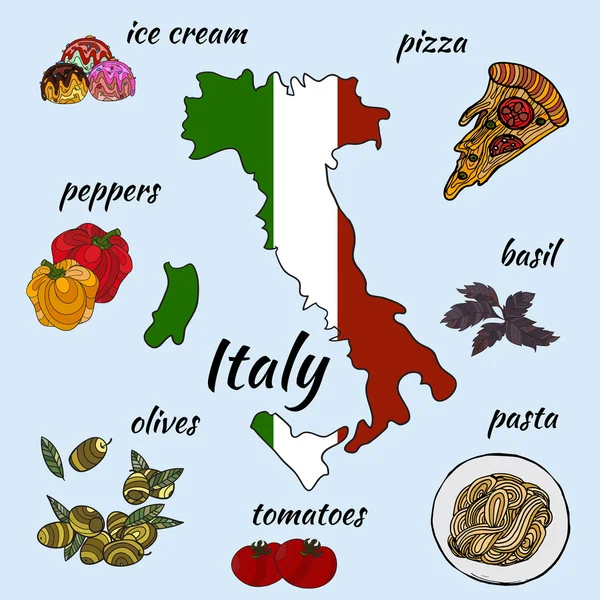 Illustrazione vettoriale disegnata a mano di elementi infografici dell'Italia — Vettoriale Stock