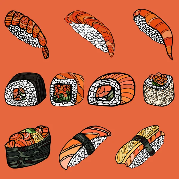 Ensemble de rouleaux de sushi. De la nourriture japonaise. Illustration vectorielle dessinée à la main — Image vectorielle