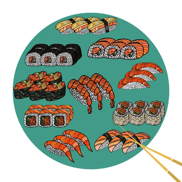 Rollo de sushi con palillos, listo. Comida tradicional japonesa, icono — Vector de stock