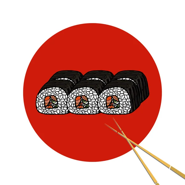 Sushi-Rolle mit Essstäbchen, Set. japanisches traditionelles Essen, Symbol — Stockvektor