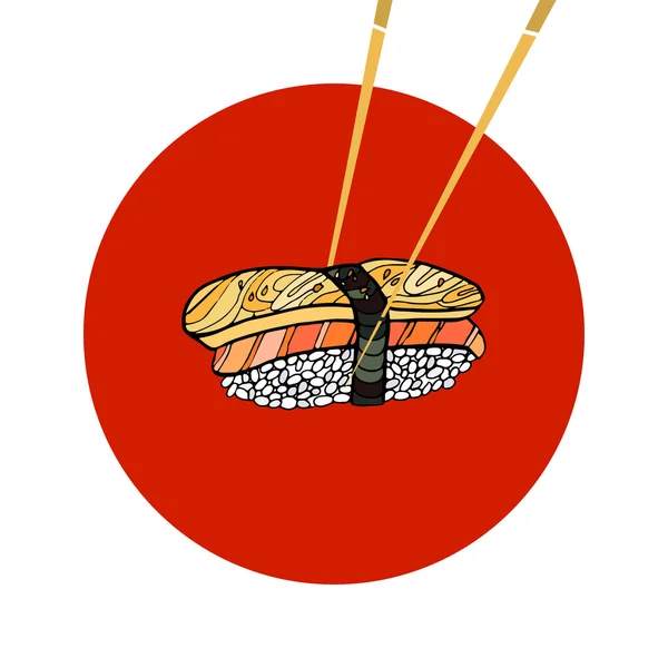 Rolo de sushi com pauzinhos. Comida japonesa. Doente vetor desenhado à mão —  Vetores de Stock