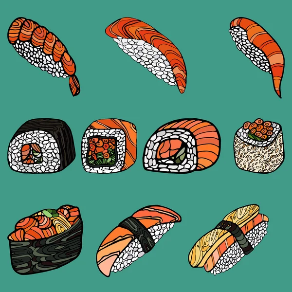 Uppsättning av sushi rullar. Japansk mat. Hand dras vektor illustratio — Stock vektor
