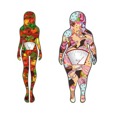 Sebze ve hızlı foo ile kadınların ince ve kalın siluetleri