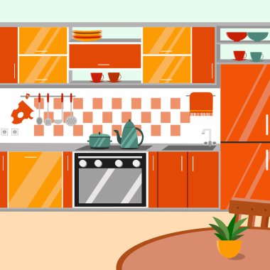 Mutfak iç vektör çizim. Çizgi film düz stil