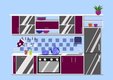 Mutfak iç vektör çizim. Çizgi film düz stil