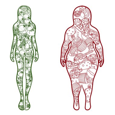 Meyve ve sebze ile kadın siluet vektör. Illustratio