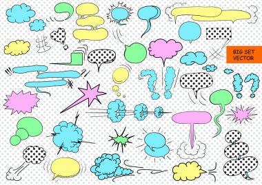 Komik metin bulutları pop sanat tarzı, küme, elle çizilmiş, vektör hastası