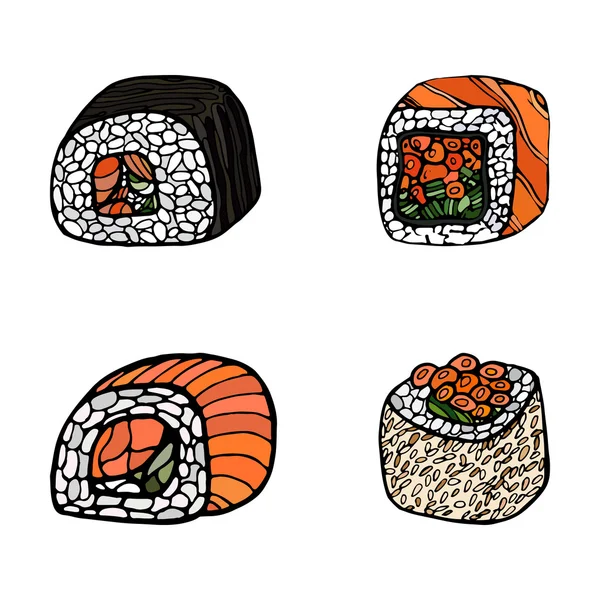 Set di involtini di sushi. Cibo giapponese. Illustrazione del vettore disegnato a mano — Vettoriale Stock